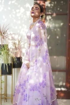 Shop for Meghstudio Purple Pure Organza Hand Painted And Embroidered Lehenga Set for Women Online at Aza Fashions Purple Organza Saree, Organza Lehenga, Hand Painted Sarees, Dogwood Flowers, Embroidered Lehenga, Luxury Sale, Organza Saree, Blouse Piece, Festival Wear