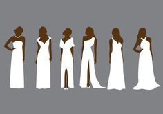 the silhouettes of women in white dresses, from left to right are standing and facing each other