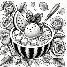 a drawing of a watermelon bowl filled with ice cream and fruit, surrounded by roses