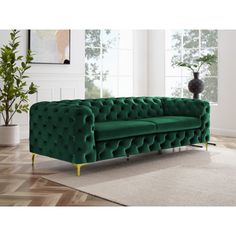 a living room with a green couch and rug