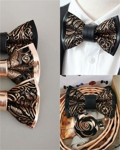 Men's bow tie metallic rose gold and black paisley pattern leather. Can be bought as set with rose gold and black boutonniere lapel flower. We offer matching pocket square, rose gold suspenders. Suitable For boys prom suit, wedding bowtie, groomsmen bow tie rose gold black gift sets. BOUTONNIERE: 1.6" or 2.3" POCKET SQUARE: leather & black satin ALL 3 COMBO: mens bow tie, pocket hanky, lapel flower 2" MENS BOW TIE: * Pre-tied bow size: 4" x 2.5" approx. * Adjustable fabric strap with metal hardw Black Boutonniere, Gold Suspenders, Bowtie Groomsmen, Black Bowtie, Groomsmen Gift Set, Prom Suit, Lapel Flower