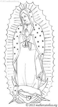 the virgin mary in black and white with stars around her neck, holding an infant jesus