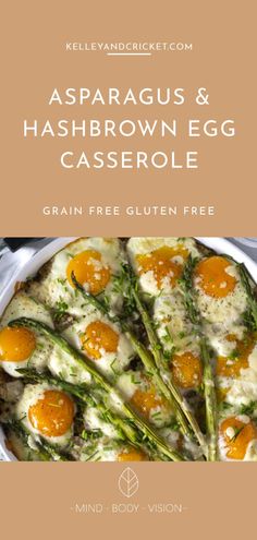 asparagus and hashbrown egg casserole in a white dish with text overlay