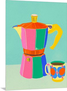 a painting of a colorful coffee pot and cup on a table with a blue background