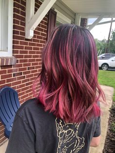 Red Hair With Pink Balayage, Pink Dye On Black Hair, Short Red And Pink Hair, Red Hair And Pink Highlights, Pink To Brown Hair, Pink Higliths Hair, Bright Pink Balayage Brunette, Balayage Colored Hair, Pink And Purple Balayage Brunette