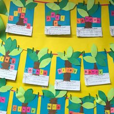 a bulletin board with trees and name tags attached to the boards that spell out words