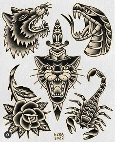 an old school style tattoo design with various animals and scorpions on white paper background