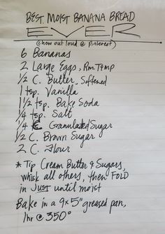 a handwritten recipe for banana bread