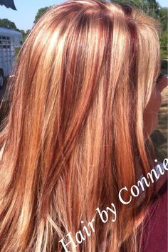 Blond Hair With Auburn Highlights, Cooper Hair Color Highlights Blondes, Lowlights For Redheads, Blonde Hair With Auburn Lowlights, Blonde Hair With Copper Lowlights, Red With Highlights, Red And Blonde Hair