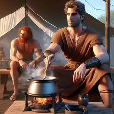 an image of two people cooking food in the campfire while another man looks on