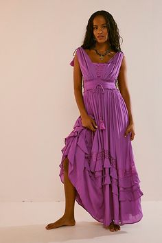 Femme beachy maxi from our free-est collection featuring a dramatic tiered skirt, crochet lace insets and a drawstring waist. * Tassel drawstring * Semi-sheer accents * Flowy fit | Santa Maria Maxi Dress by free-est at Free People in Purple, Size: S Ruffle Long Dress, Skirt Crochet, Lace Dress Casual, Long Dresses Elegant, Lace Patchwork, Spring Summer Dress, Style Maxi Dress, Women Long Dresses, Silk Velvet