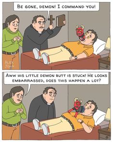 a comic strip with an image of a man laying in bed and another cartoon character holding a