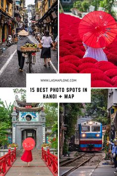 several pictures with people walking, riding bikes and holding umbrellas in different locations around the world