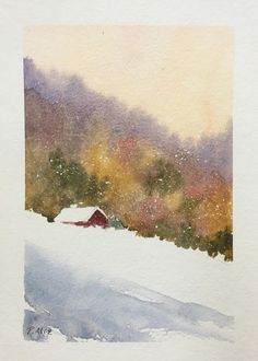 a watercolor painting of a snowy landscape