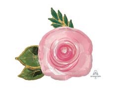 a pink rose with green leaves on it