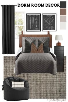 a bedroom with black and white decor in the middle, brown accents on the walls