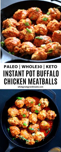 an image of chicken meatballs being cooked in a skillet with the words instant pot buffalo