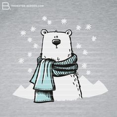 the polar bear is wearing a scarf and standing in front of snowflakes