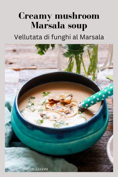 creamy mushroom masala soup in a blue bowl