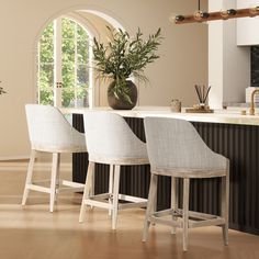 three stools in front of a counter with a potted plant on it