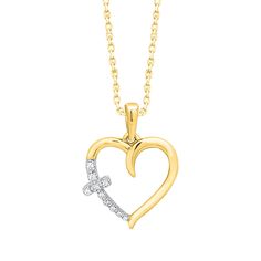 Display your faith with a touch of sparkle in this diamond-studded gold tone cross and heart necklace. Display your faith with a touch of sparkle in this diamond-studded gold tone cross and heart necklace.  Chain length: 18 in. Chain type: cable Pendant size: 3/4 in. x 5/8 in. Nickel free Metal: sterling silver Finish: polished Packaging: boxedDIAMOND DETAILS Total weight: less than 1/10 ct. Color grade: I, J Clarity grade: I2, I3 Shape: round Setting: prong Diamond weights are approximate. Diam Cross Heart, Necklace Display, Heart Pendant Necklace, Necklace Chain, Silver Diamonds, Cross Pendant, Chain Length, Heart Necklace, Heart Pendant