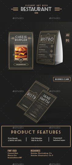 the menu for a restaurant is shown in black and gold colors, with an elegant design