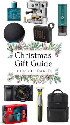 the christmas gift guide for husbands is shown with gifts and other items to give him