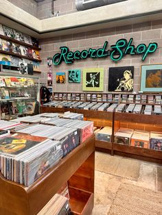 the record shop has many records on display