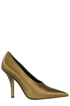 Jessica pumps - Paris Texas - Olive color - Satin-covered leather upper - Leather sole - Pointed design - 10. 5 cm heel. Luxury Evening Court Shoes With 4-inch Heel, Gold Court Shoes With 4-inch Heel For Evening, Luxury Court Shoes With Padded Heel For Evening, Evening Court Shoes With Deep Heel Cup, Evening Heels With Contrasting Heel Counter And Round Toe, Evening Heels With Contrasting Heel And Round Toe, Classic High Heel Court Shoes For Evening, Evening Court Shoes With Padded Heel And Almond Toe, Classic 4-inch Heels For Evening