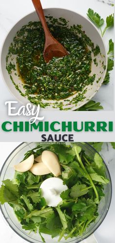 the ingredients for this easy chimicchure sauce are shown in separate bowls and on top of each other