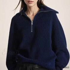 Eromis - Womens Wool Blend Turtleneck Sweater with Reversible Collar, Thick Knitted and Striped Design Navy Blue Sweater Outfit, Blue Sweater Outfit, Knit Shirt Dress, Ribbed Shirt, Ribbed Turtleneck Sweater, Navy Blue Sweater, Sweater Outfit, Fall Winter Wardrobe, Ribbed Knit Dress