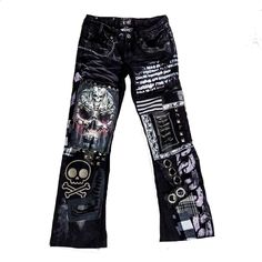 Before ordering, please message me with your waist size and inseam or your height in INCHES (optional - leg and bottom calf)/your height so I could make sure they will fit you perfectly. Patchworked, embroidered and painted pants with chains, eyelets and studs. They can also be skinny/flared/straight fit. The graphics can be replaced with something else of your choice. The patches and the painting might vary a bit but the overall look will be similar. Machine washable at 30-35oC. http://www.inst Skull Patches Punk, Goth Jeans Diy, Punk Patch Pants, Pants With Chains, Crust Punk Pants, Customized Pants, Emo Pants, Scene Pants, Thigh Measurement