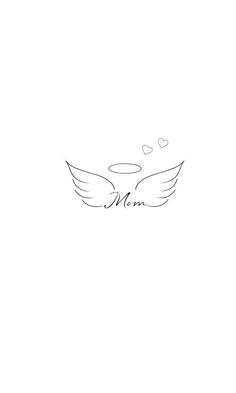 the word mom is written in black ink on a white background with wings and hearts