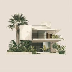 an architectural rendering of a modern house with palm trees in the foreground and white walls