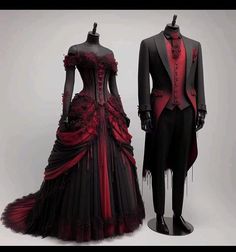 two mannequins dressed up in black and red clothing, one wearing a tuxedo