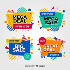 four colorful sale stickers with different shapes and colors on the sides, including one for mega