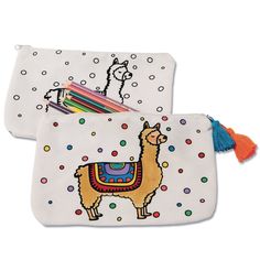 two llamas are on the white pouches with colored pencils in them