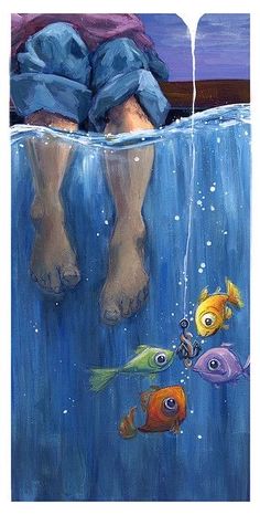 a painting of two people floating in the water with fish around them and one person's feet hanging over the water