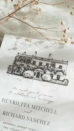 an image of a wedding card with the words heretta mitchell and richard sanchesz