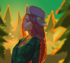 a digital painting of a woman with red hair wearing a hat and green shirt standing in front of trees