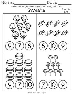 a printable worksheet for numbers 1 - 10 with candy and ice cream