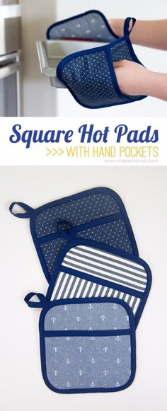 an oven mitt and pot holder are shown with the words square hot pads