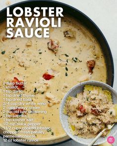 the recipe for lobster ravioli sauce in a skillet