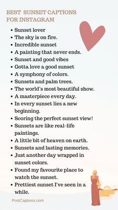 a poem with the words best sunset captions for instagramm and an image of a woman holding a surfboard