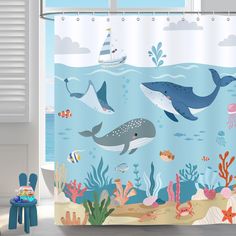 PRICES MAY VARY. Premium Material: Crafted from eco-friendly 100% polyester fabric, our Kids Whale Shower Curtain is wrinkle-resistant and durable. Its waterproof design ensures resilience in moisture-rich bathroom settings. Design: Bring a touch of fun and imagination to your child's bathroom with our cute cartoon ocean shower curtain, featuring adorable whales, colorful coral, starfish and jellyfish. Size: 72 x 72 Inch (183 x 183 cm), due to manual measurement, please kindly allow 1-2 cm deviation. The standard size shower curtain is fit for most bathtubs and shower stalls. Easy to Install: Equipped with rustproof metal grommets at the top and 12 plastic hooks included, this under the sea shower curtain can be effortlessly hung on the pole using curtain rings, making installation a breez Whale Shower Curtain, Sea Bathroom Decor, Sea Bathroom, Ocean Shower Curtain, Hooks For Bathroom, Animal Shower Curtain, Kids Toilet, Cartoon Sea Animals