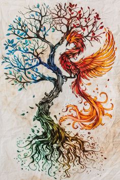 an artistic tree with two birds painted on it's branches and leaves in different colors