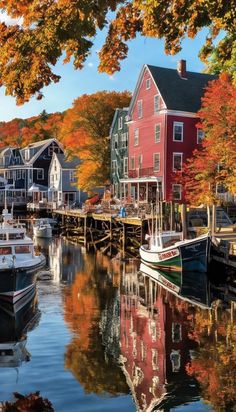 boats are docked at the dock in front of houses with autumn foliage around them and trees lining the water