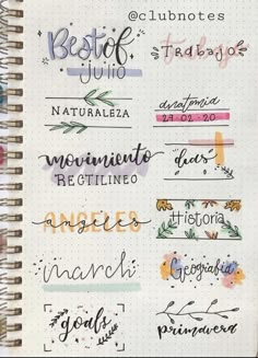 a notebook with some writing on it and the words written in spanish are lined up next to each other