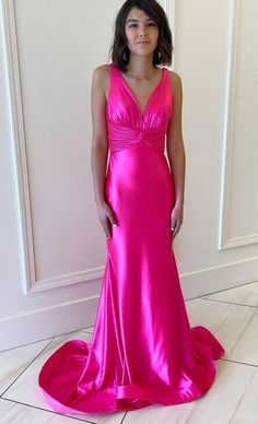 Fitted V-neck Gown With Bias Cut, V-neck Mermaid Dress With Sweep Train And Fitted Bodice, Elegant V-neck Bridesmaid Mermaid Dress, Fitted V-neck Mermaid Dress With Sweep Train, V-neck Mermaid Prom Dress With Sweep Train, V-neck Mermaid Dress With Sweep Train For Prom, V-neck Mermaid Dress With Fitted Bodice For Prom, V-neck Bias Cut Evening Dress For Prom, Formal V-neck Mermaid Dress With Sweep Train