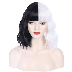 PRICES MAY VARY. Color:Black and White,Weight: around 180g/set,please allow 10g in error. Length: around 35cm/14",please allow 5cm/2" in error. Cap Size：About 22.5 Inches with Adjustable Straps, 2 adjustable straps could help you adjust the wig cap size less or more for about 1-1.5 inches. Heat safe: heat resistant up to 150c/302f,please make sure the heat setting below 150c. Warm Reminder:Wig is personal for every buyers,please allow a little difference in color and length.for any question,plea White Wig With Bangs, Short Curly Bob Wig, Black And White Wig, White Wig, Party Wig, Curly Bob Wigs, Short Curly Bob, Wig Short, Wavy Bobs